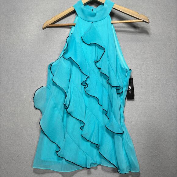IZ Byer Sleeveless Blouse M Turquoise Black Ruffle Romantic Boho Soft Statement - Picture 1 of 12